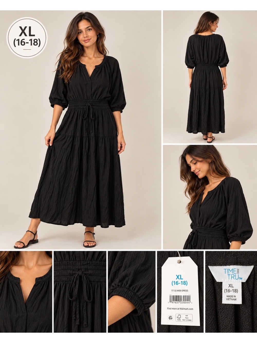 Time and Tru Black Midi Dress XL 16 18
